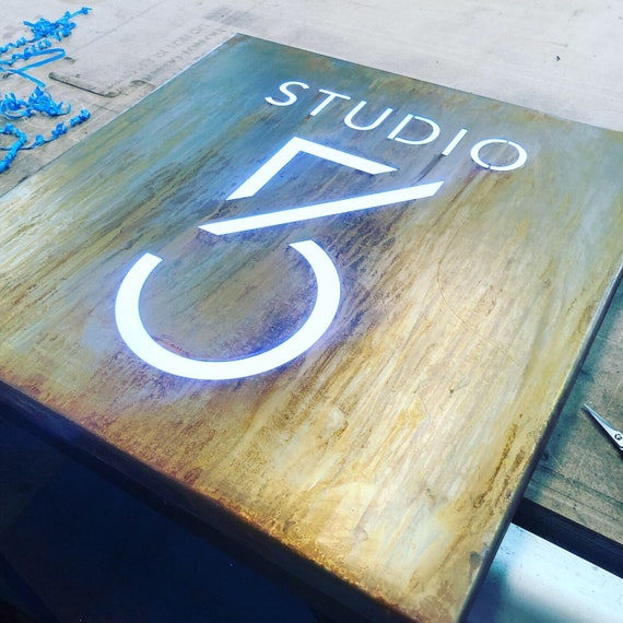 CORTEN (rusted) Steel LED illuminated house mailbox sign