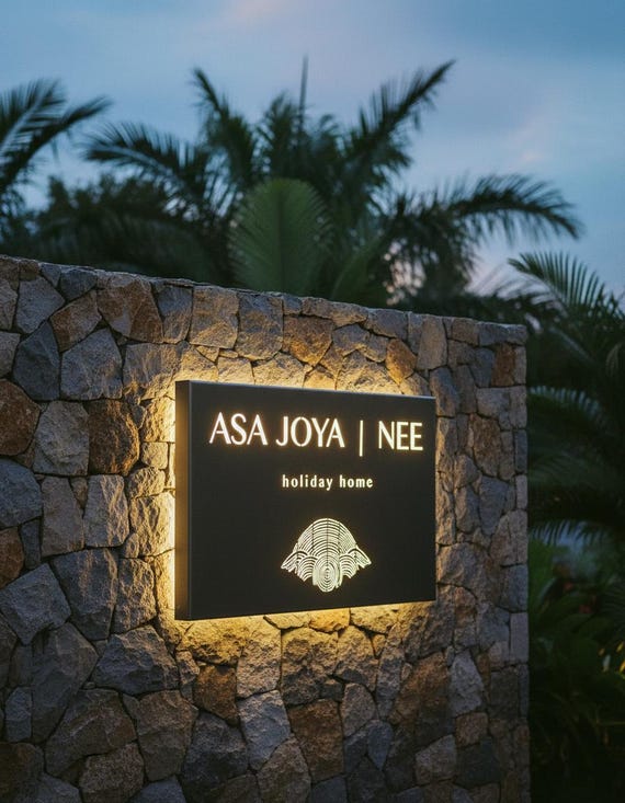 Corten Steel LED Illuminated House Sign, Custom Rustic Plaque
