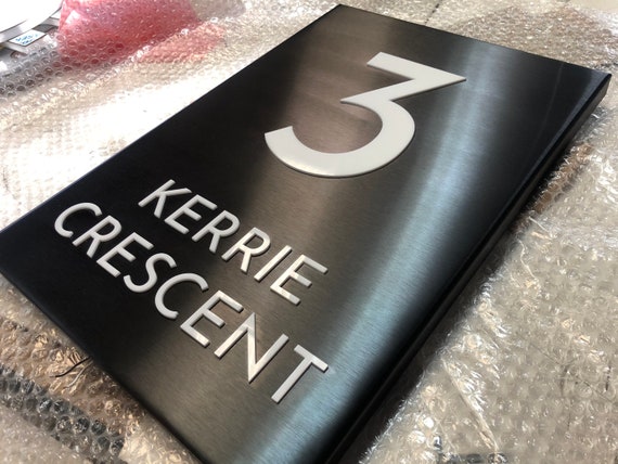 Black Brushed Stainless Steel LED Illuminated House Sign Plaque with 3D Letters - Made to Order, Laser Cut