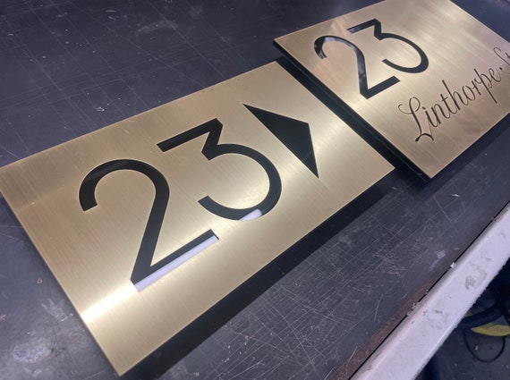 Brass | CUSTOM MADE | Laser Cut Brass & Black Perspex Floating House Signs Door Number Signs | Real Brass