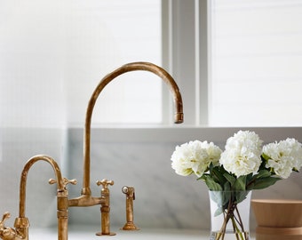 Unlacquered Brass Kitchen Faucet, Solid Brass 8" Bridge faucet with Cross Handles and Straight Legs