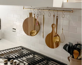 Unlacquered Brass Pot Rail with 5 or 7 "S' hooks - Kitchen decor