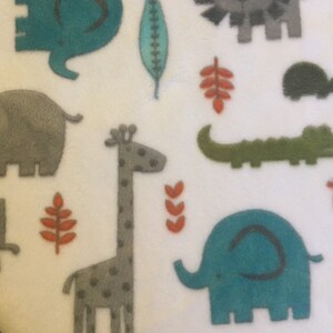 Plush Blanket teal and gray lions, giraffes, elephants, hippos, and alligators, baby safari is super soft on both side, rapid free shipping image 2