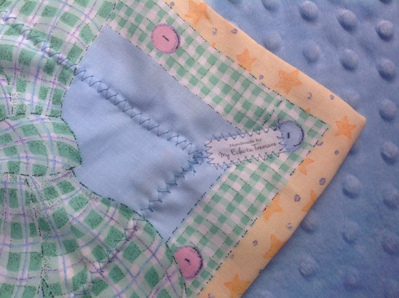 Blue Minky Dot and Cotton Baby Blanket: Calico Print, Lightweight Quilt (39" X 30")
