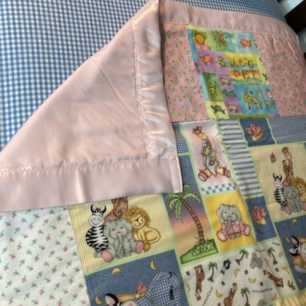 Baby bundle 6 piece w Blanket - zoo animals w pink, blue-gray check fitted crib sheet, two bibs, burp cloth, dresser chg pad cover, blanket