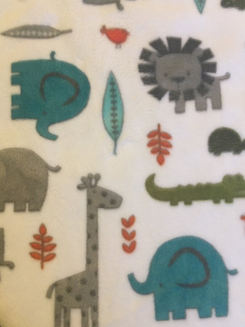 Plush Blanket teal and gray lions, giraffes, elephants, hippos, and alligators, baby safari is super soft on both side, rapid free shipping image 2