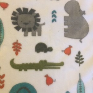 Plush Blanket teal and gray lions, giraffes, elephants, hippos, and alligators, baby safari is super soft on both side, rapid free shipping image 3
