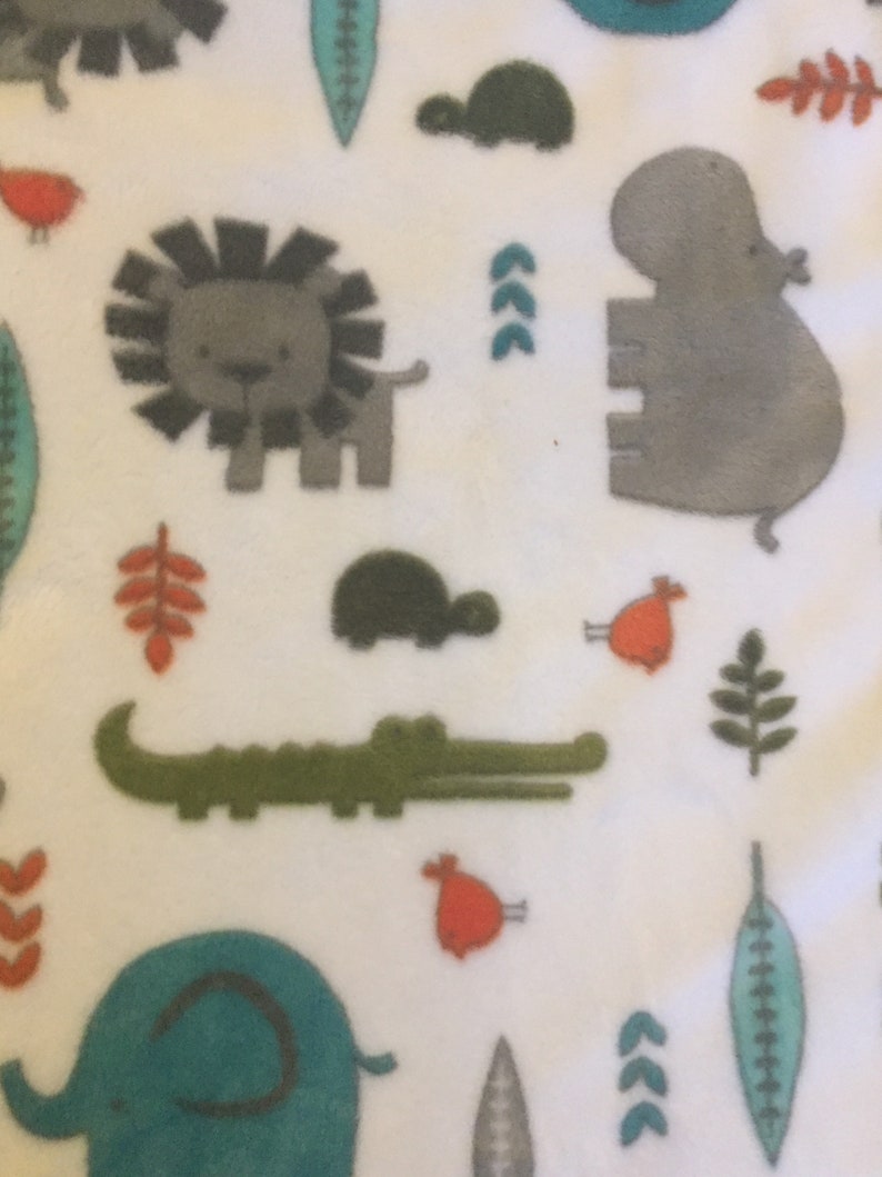 Plush Blanket teal and gray lions, giraffes, elephants, hippos, and alligators, baby safari is super soft on both side, rapid free shipping image 3