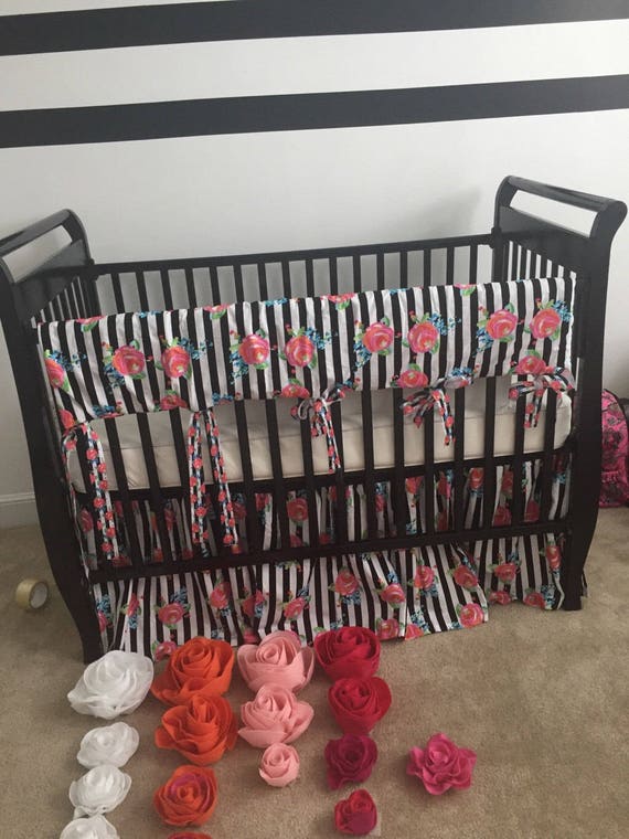 Black White Stripe With Pink And Peach Flowered Crib Skirt Etsy