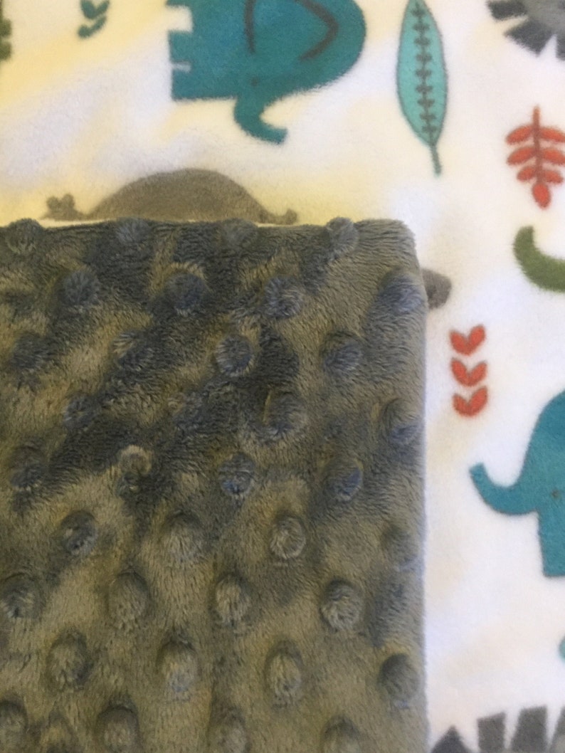 Plush Blanket teal and gray lions, giraffes, elephants, hippos, and alligators, baby safari is super soft on both side, rapid free shipping image 1