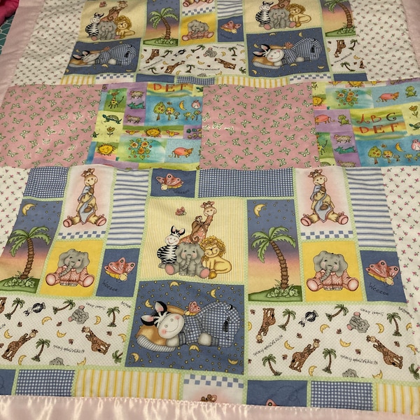 Small Quilt/Blanket zoo animals (Bazooples) in pastels with pink back ready to ship free