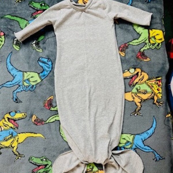 Knotted baby gown (tie bottom) with or without mitten cuff, heather gray stretch fabric with three sizes to choose from