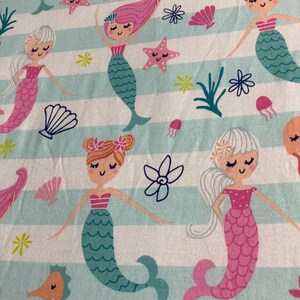Crib/toddler fitted sheet made of cotton knit, ready to ship in 24 hrs, soft and cuddly with mermaids and sea creatures in light teal & pink