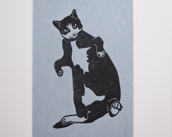 What, Me?! (In blue) - Innocent Cat Print - Linocut Print on Handmade Blue Paper - LinoCat Collection by Printmaker Maria Coit