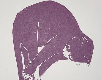 Gato de pizza púrpura - Arte del gato - Impresión Linograbado en papel