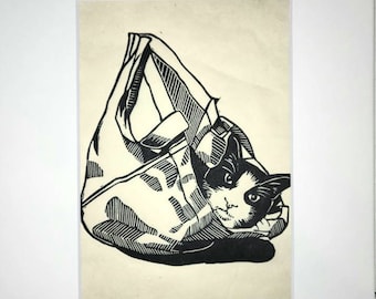 Arte del gato de esmoquin: "¡Deja que el gato salga de la bolsa!" - Impresión Linograbado sobre papel Washi