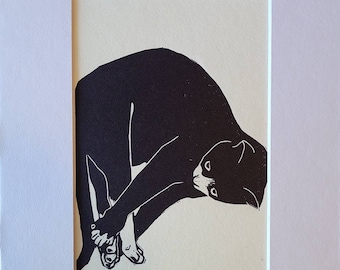 Pizza Cat - Linocut Print on Paper - LinoCat Collection by Printmaker Maria Coit