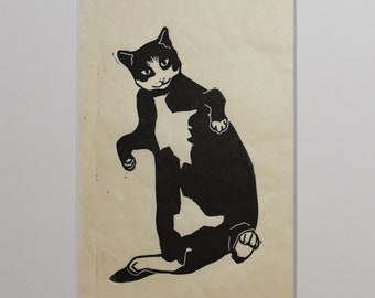 Arte del gato de esmoquin: "¡¿Qué, yo ?!" - Gato tonto - Impresión linograbada en negro y crema