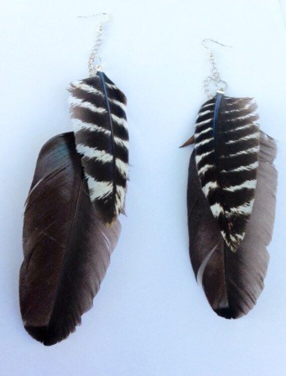 Items similar to Long Turkey Tribal Feather Earrings, Silver Feather