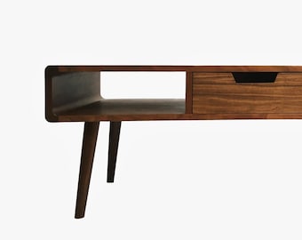 Midcentury Modern Coffee Table, Single Drawer and Shelves for Storage, Wooden Side Table, End Table, and Accent Table For Living Room