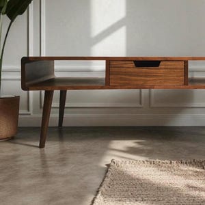 Mid-Century Modern Solid Wood Table with Storage – Minimalist Walnut Coffee Table – Living Room Furniture