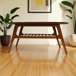 Mid Century Modern Coffee Table with Storage Shelf, MCM Wood Side Table, Living Room Table For Home, Oval Coffee Table, Modern Furniture