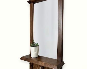 Mid Century Modern Solid Walnut Mirror with Shelf and Hooks for Entryway, Hallway, Office, Bedroom. Wall Decor.