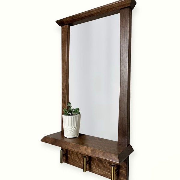 Mid century Modern Mirror with Shelf and Hooks for Entryway, Hallway, Office, Bedroom. MCM Wall Decor
