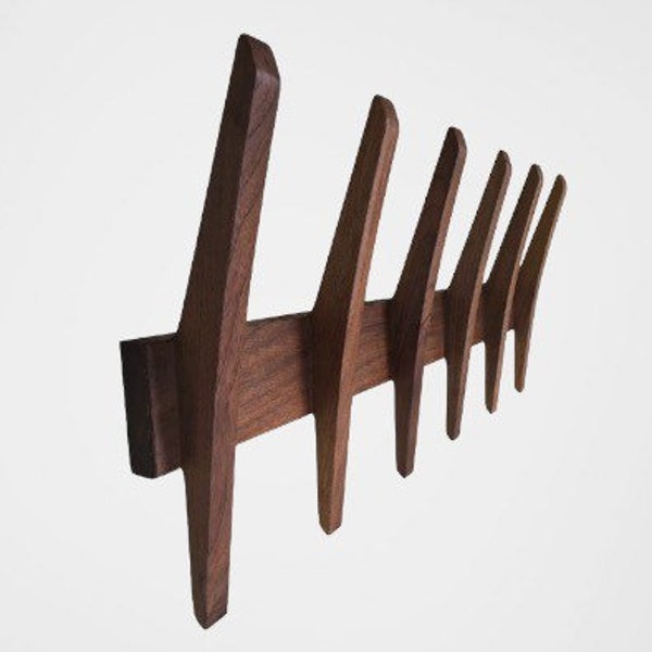 Mid Century Modern Coat Rack with four, six and eight hooks, Solid Walnut, Towel Rack, Entryway storage and organization.