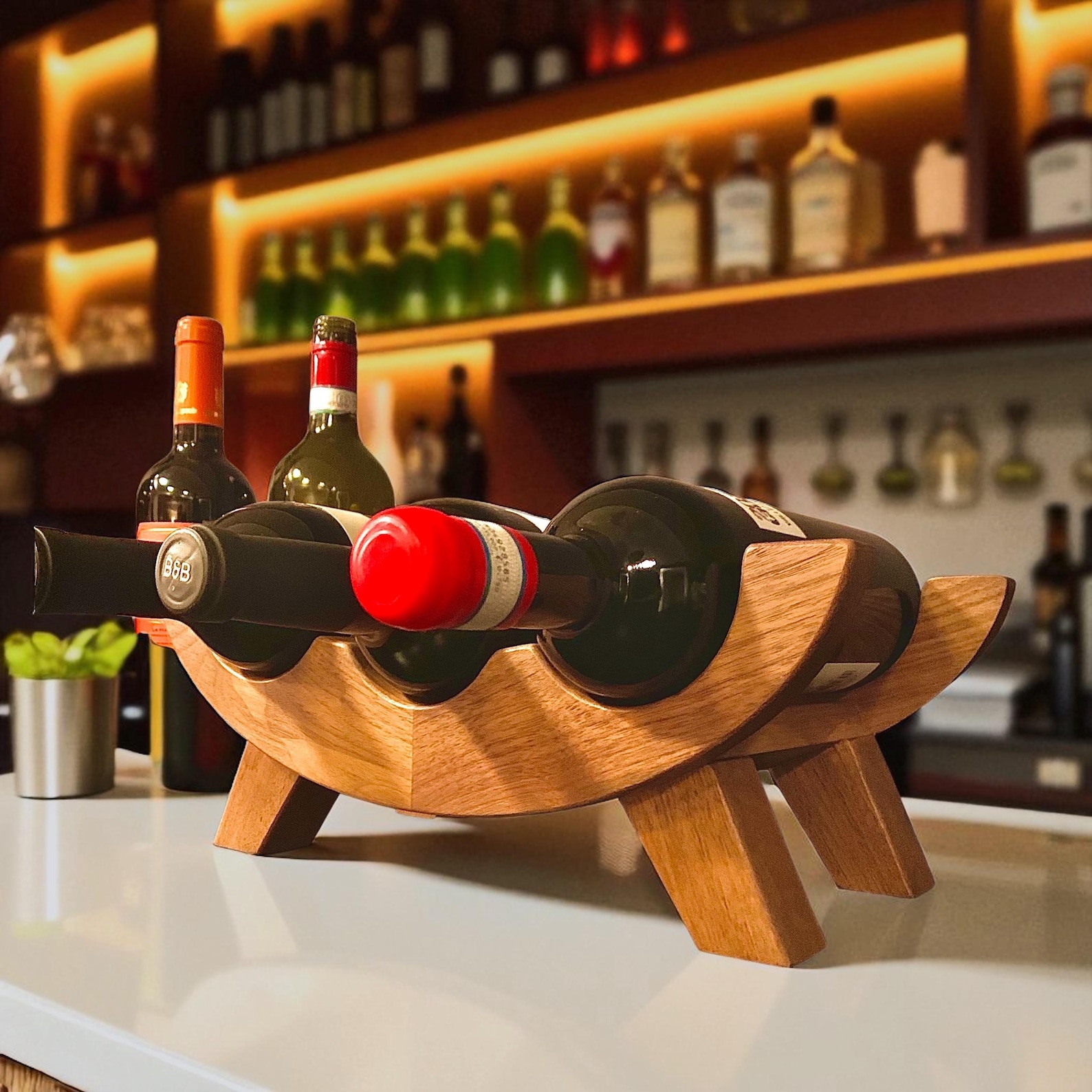 Mid-Century Modern Wine Rack - Wooden Storage for Countertops, Bar Carts & Kitchen Decor