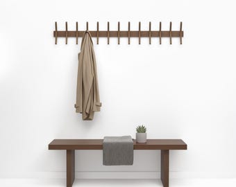 Mid-Century Walnut Coat Rack - Minimalist Entryway Organizer Wall Mount with Multiple Hooks for Hats Jackets
