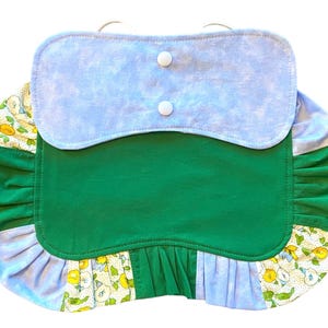 Chicken Saddle/ Chicken Apron/ Hen Saddle- Green with Patchwork Ruffles and Removable Light Blue Wing Guard