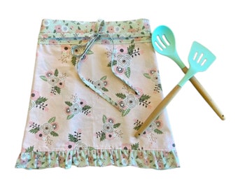 Delantal de cocina de estilo rural, con volantes, en tonos menta y rosa