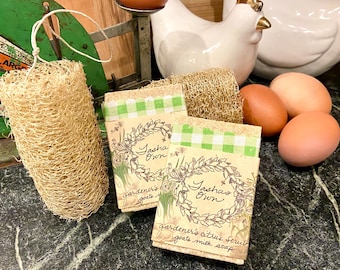 Set de jabón de leche de cabra y luffa exfoliante cítrico para jardineros/ Hecho a mano/ Lotes pequeños/ Ecológico/ Cultivo orgánico