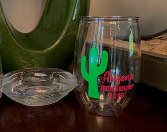 16 oz Personalized plastic Stemless Wine glasses, Girls weekend glass, friends reunion cups, couples weekend, Party Favors, wedding cups