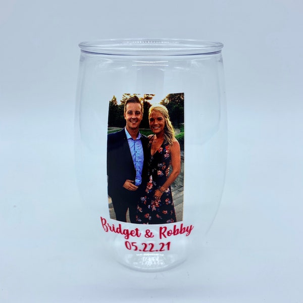 16 oz plastic personalized custom stemless wine glasses, wedding cups, cocktail cups, full color wedding photos, picture glasses