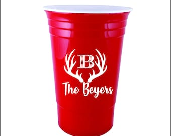 Personalized wedding cups, plastic double walled red party cup, Party Favors, bridesmaid, housewarming cups, rustic, antlers, hunting