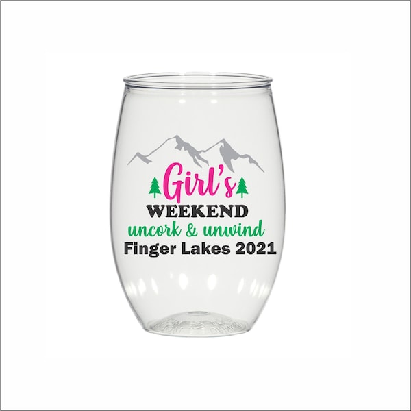 Uncork and unwind, 16 oz Personalized plastic Stemless Wine glasses, girls weekend, mountains, cabin, lake life, wedding glasses, cocktails