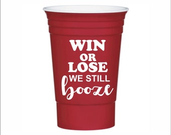 Personalized wedding cups, plastic double walled party cups, football, games, Favors, bridesmaid, tailgating, win or lose we still booze