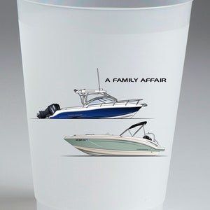 May include: A white plastic cup with a design of two boats. The top boat is blue and white and the bottom boat is green and white. The text "A Family Affair" is printed on the cup.