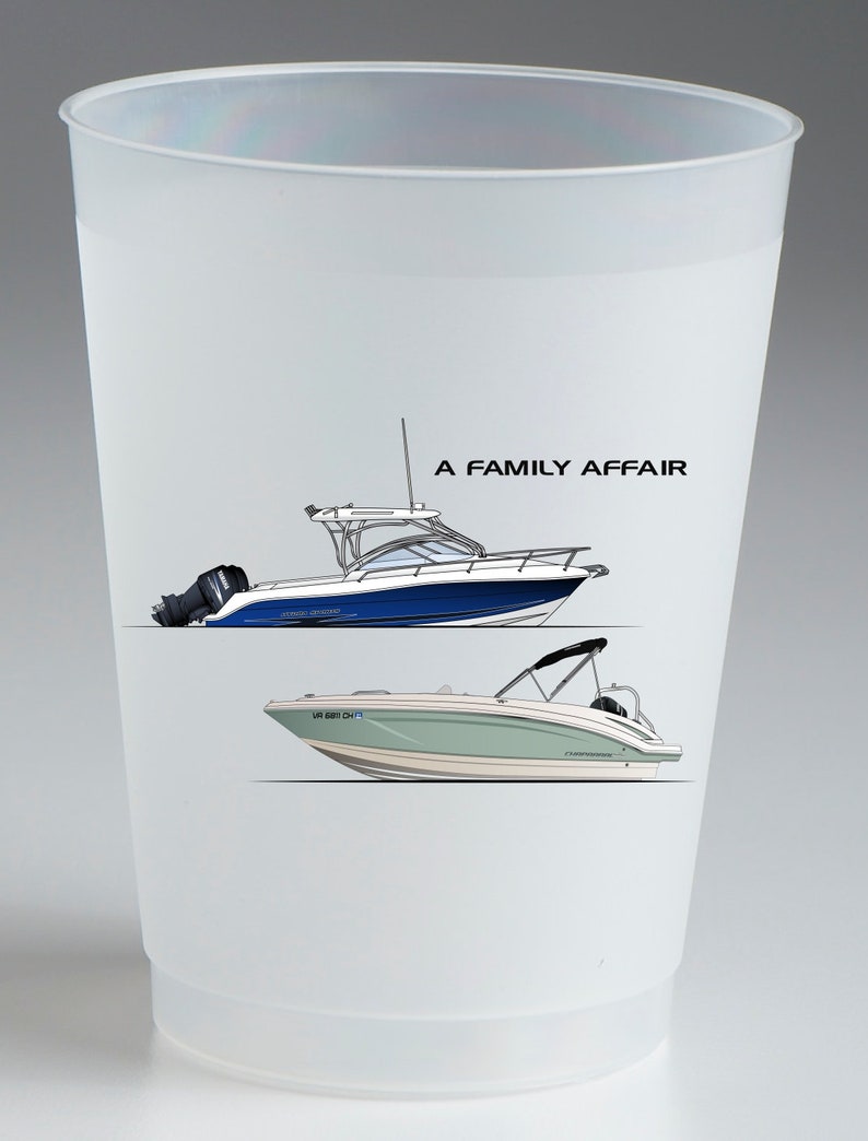 May include: A white plastic cup with a design of two boats. The top boat is blue and white and the bottom boat is green and white. The text "A Family Affair" is printed on the cup.
