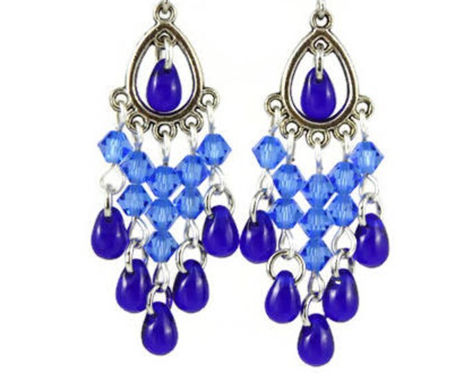 Blue Chandelier Earrings Teardrop Navy Cobalt Crystal Clip Ons Etsy