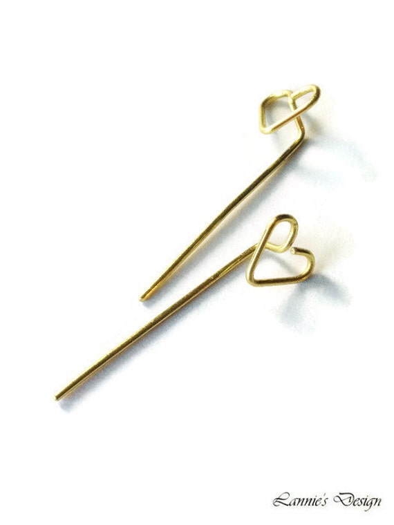Items similar to Gold Brass Heart Long Post Stud Earrings Wire Jewelry