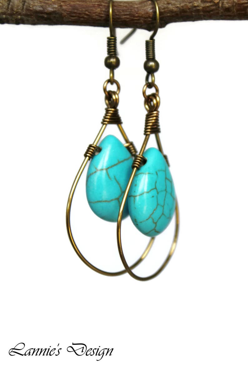 Turquoise Teardrop Dangling Earrings Antiqued Brass Copper Etsy