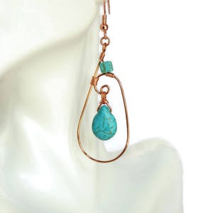 Turquoise Teardrop Dangling Earrings Copper Wire Wrapped Etsy