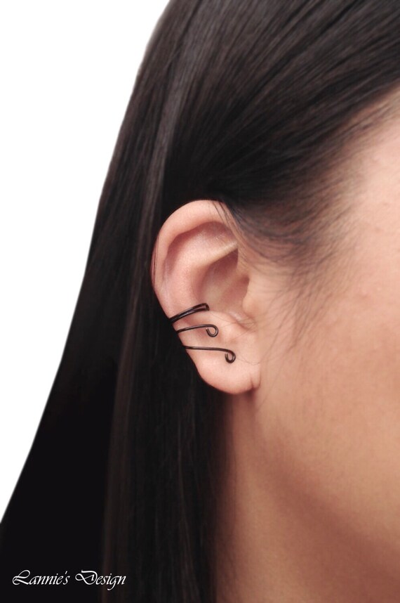 Black Ear Cuff Wrap No piercing Cartilage Earrings Wire Simple Etsy