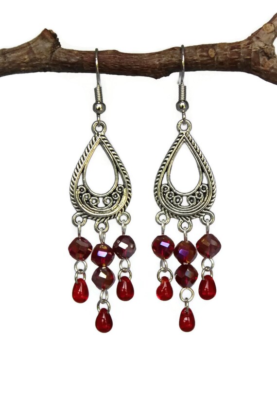 Red Beads Chandelier Earrings Teardrop Crystal Clip On No