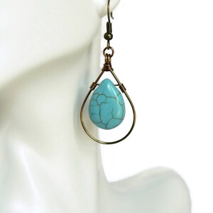 Turquoise Teardrop Dangling Earrings Copper Antiqued Brass Etsy