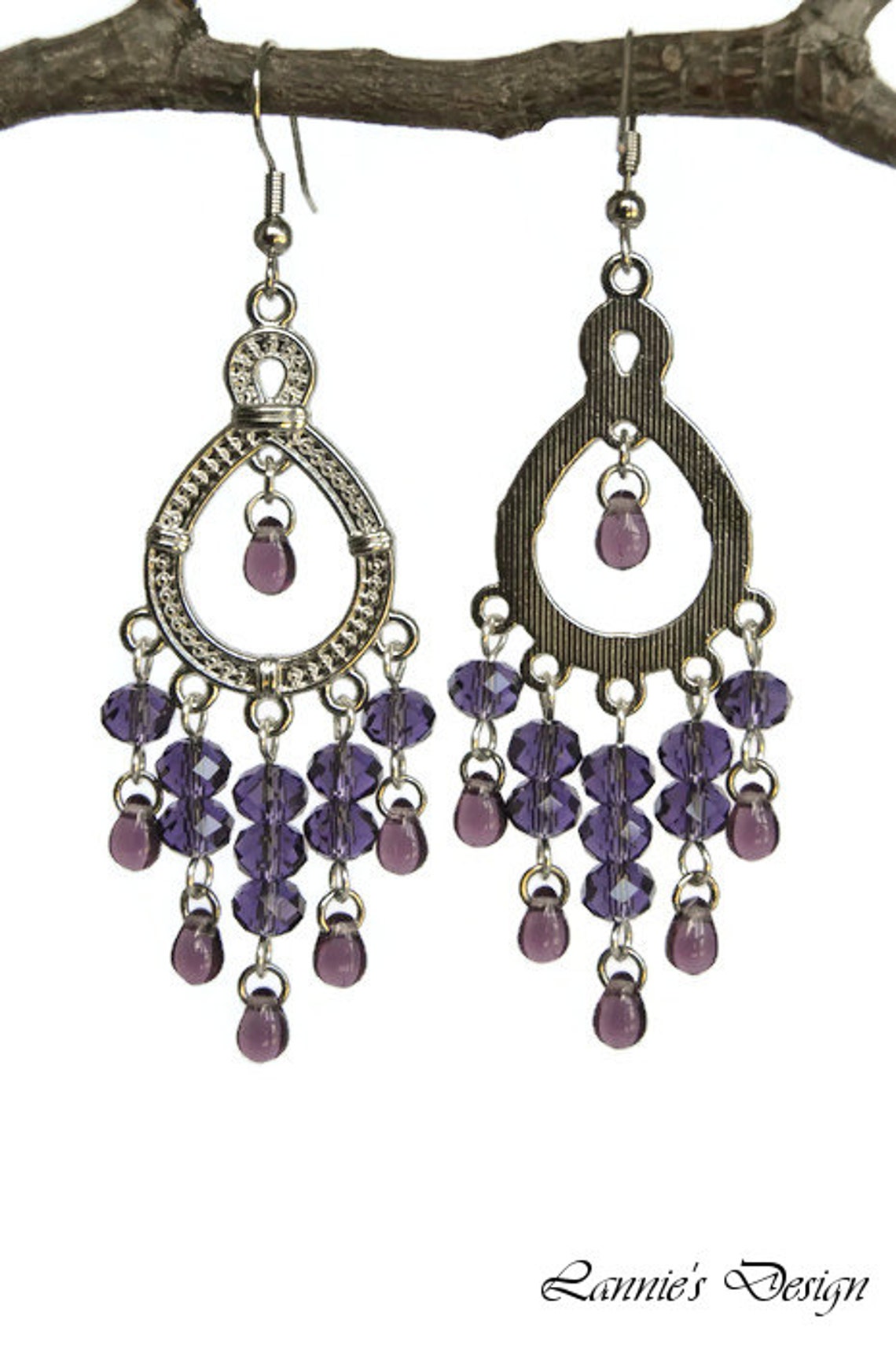 Purple Chandelier Earrings Beads Teardrop Crystal Clip Ons Etsy