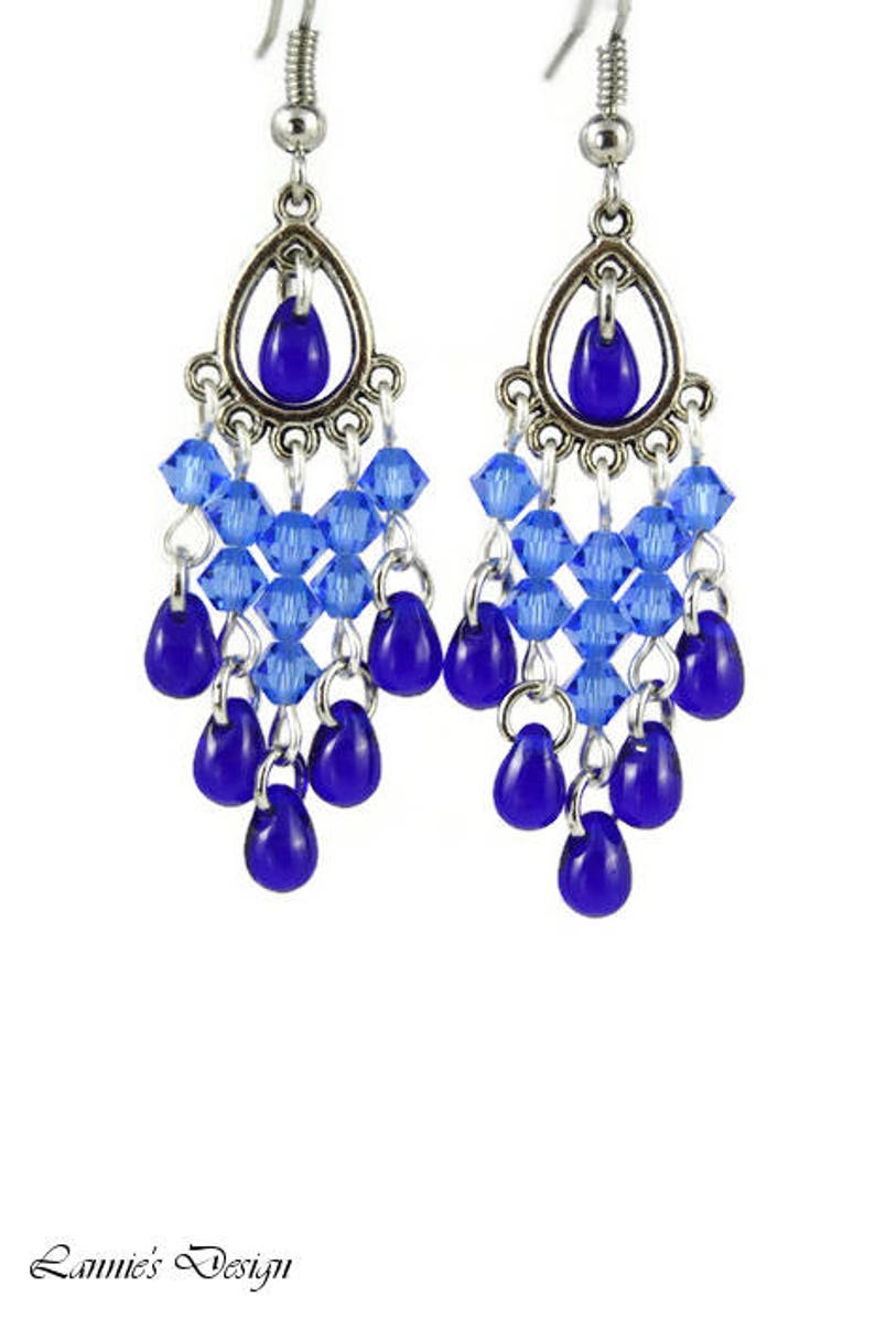 Blue Chandelier Earrings Teardrop Navy Cobalt Crystal Clip Ons Etsy